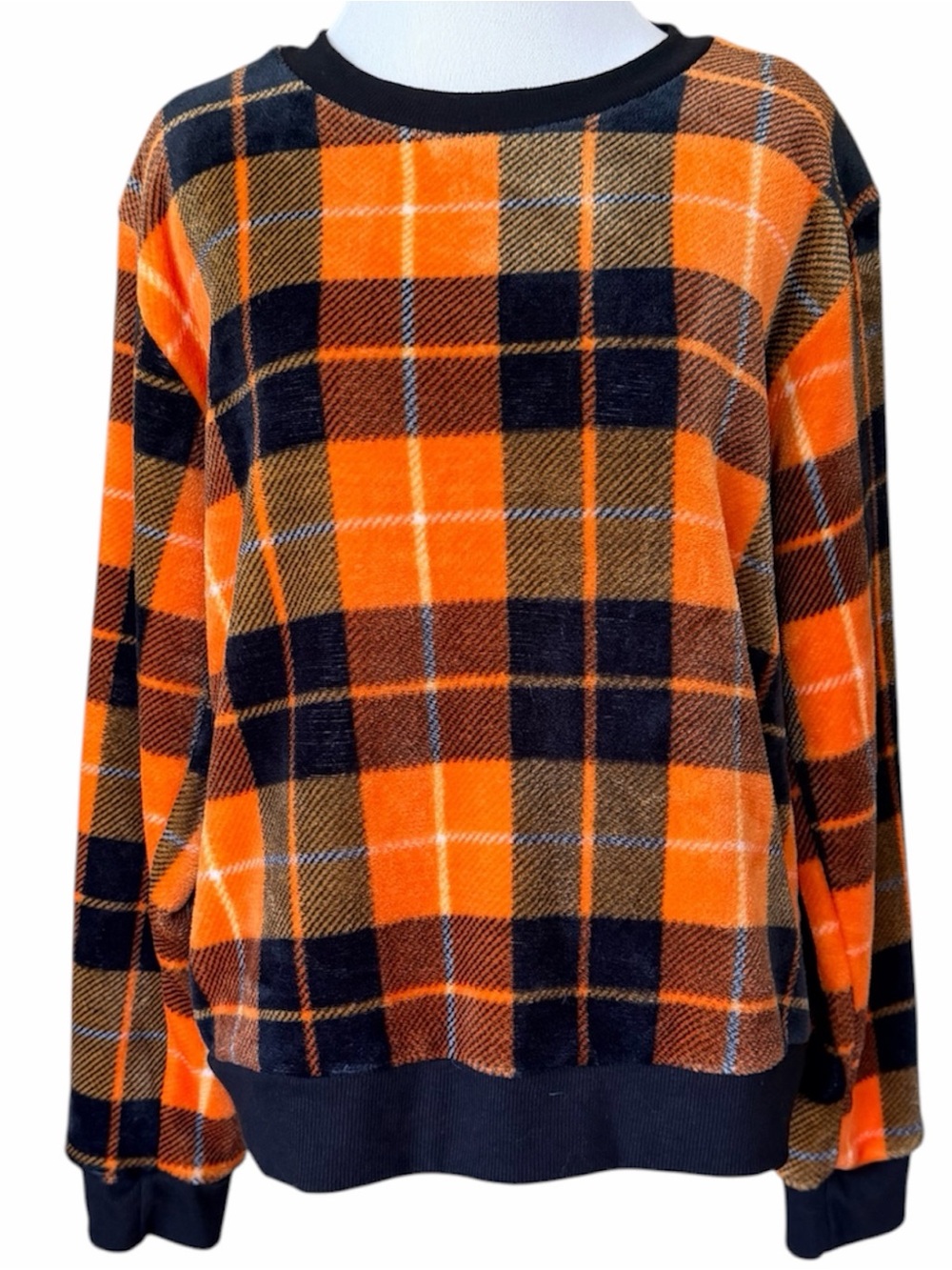 WEEKENDING Orange Plaid Plush Sweater